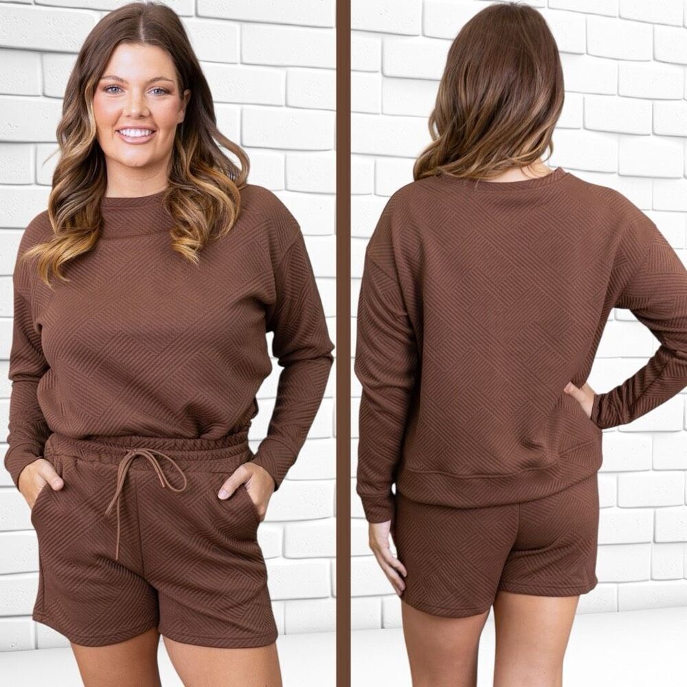 Boutique Brown Texture Long Sleeve Top and Shorts Lounge Set NWT - Picture 15 of 15